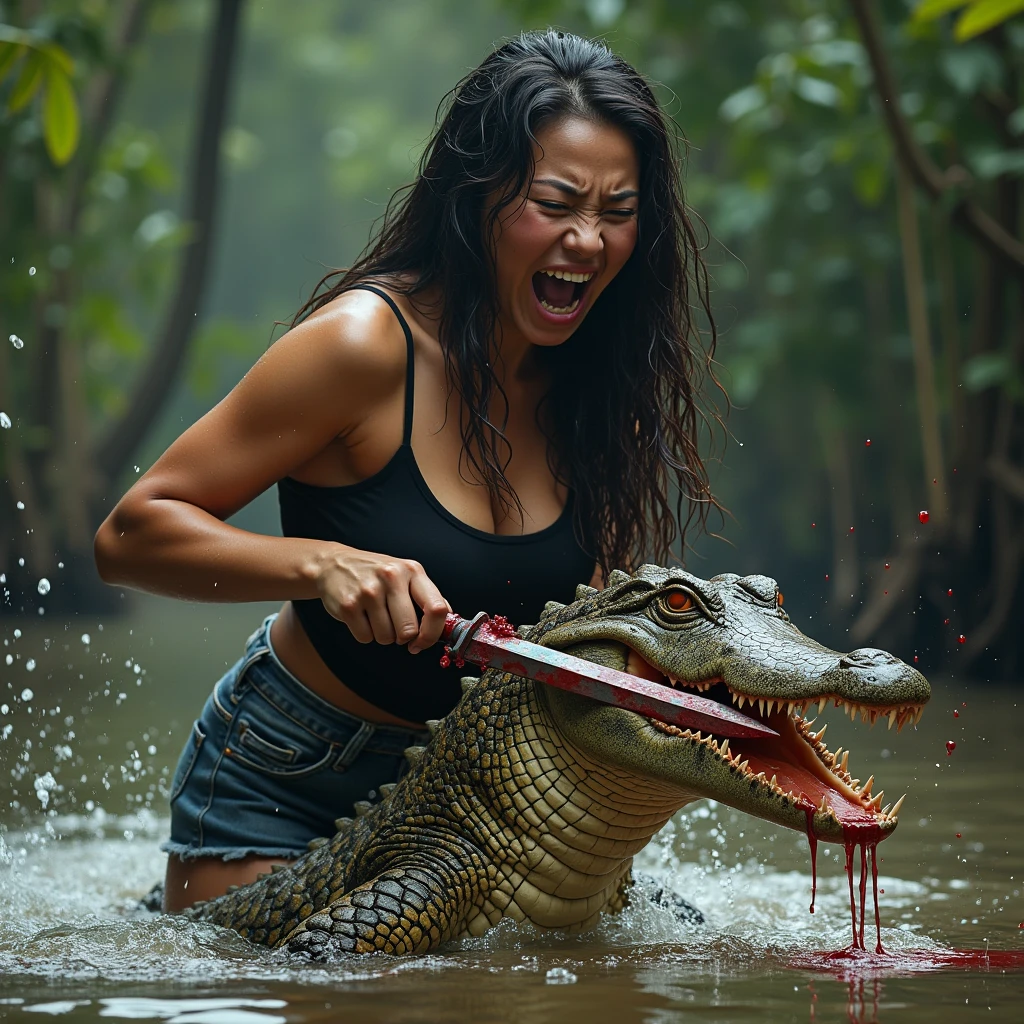 (Best Quality, Ultra-detailed, Realistic:1.37), Mature Women, jeans skirt, (lace stockings with garters), drowning in a swamp, (fear), ((she is chased by a huge monster)), scream, she tries to escape, monster behind her in background, (((only the monster has a long flaccid penis:1.2))), (((doggystyle fuck:1.2)))