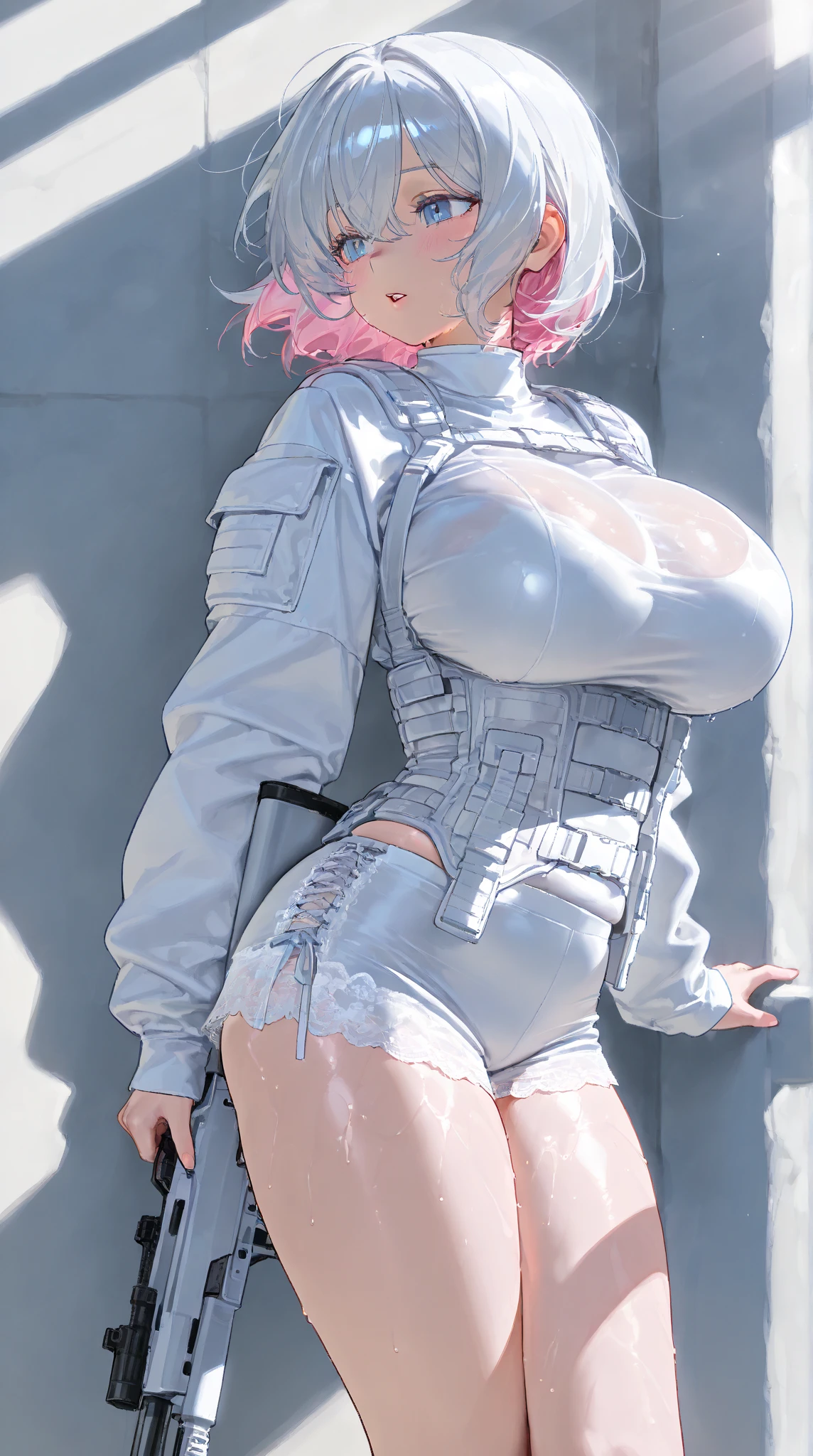hyper-realistic 8K CG,detailed face, Flawless, full body,long pink hair, huge tit,Huge breasts,A sagging breast,long legs,Slim,being thin,Lower chest position,Swollen breasts,crisp breasts,Breasts during lactation,Lactation,Tender white skin,squeezing breasts,A sagging breast,oversized-shirt, shirt, areolas, two arms, (without bra), (without panties), glasses