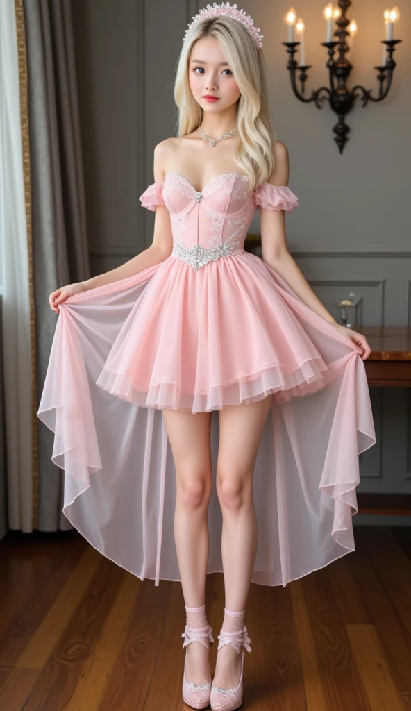Arad woman in pink dress standing in the room, wearing a pink dress, wearing a pink ballroom gown, extravagant dress, Pink dress, Wearing a gorgeous dress, dress in the style of rococo, light pink tonalities, Wearing a pink dress, dreamy dress, Romantic dress, with soft pink colors, wearing fantasy formal clothing