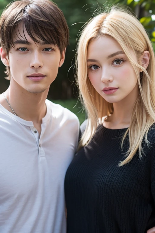 A prince and princess couple, a prince with blue eyes, blond hair and white skin; princess with green eyes, almond-shaped hair and white skin.