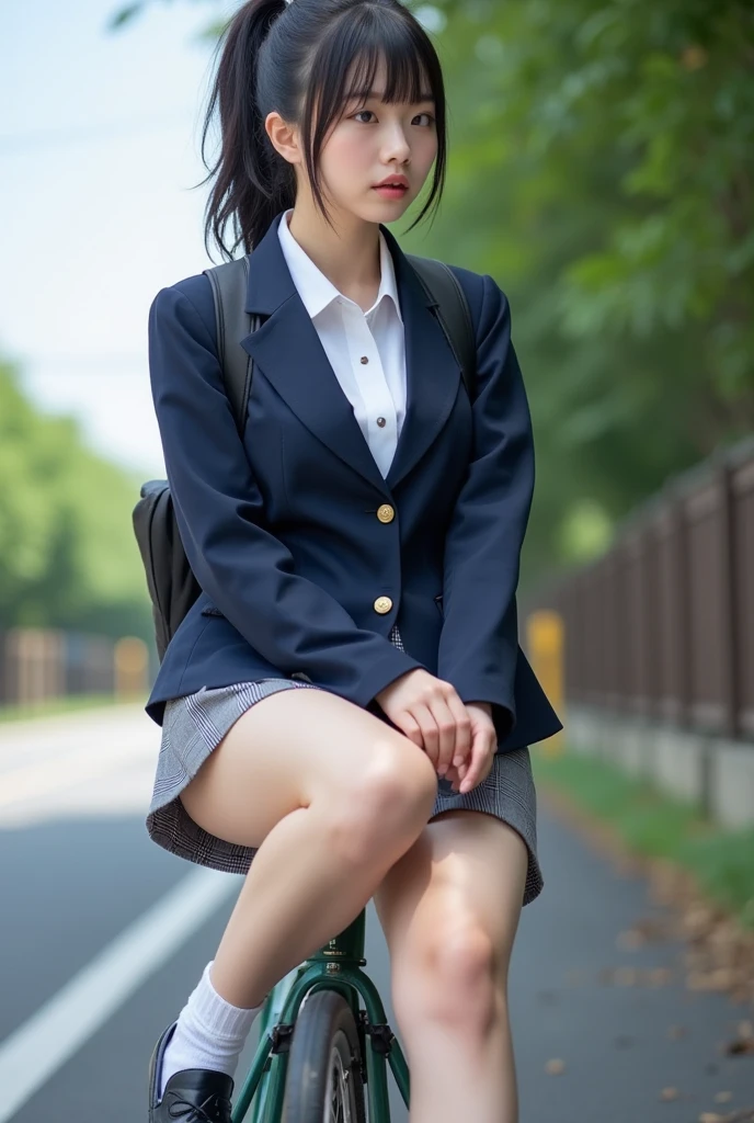 (((Navy high ,school tie, sheath skirt suit)))、high school girl、Japanese,18yo,See-through shirt with see-through bra、ultra - detailed、masterpiece、top-quality、ultra high resolution、8K high image quality、Photogenic clarity、detailed eyes、Spring outdoor、perfect anatomy body proportions ,hdd 、Small panties、Small panties、Pubic hair can be seen through the lace of the panties、(camel toe),(((Underwear is white, white lace material underwear..)))、(((See all panties)))、(((I must be wearing a skirt)))、(((Lift up the hem of the skirt)))、sit in triangle，Thighs slightly inwards、panty focus、Natural light is too bright、rays of sunshine、Detailed lace panty pattern、(((When standing, She lifts up her skirt to show her underwear to the camera.)))、(((Beautiful arrangement and snow-white teeth)))、(((Lift the skirt bigger and bigger、Show your panties to the camera)))、Companies are the most popular、The most beautiful staff、Ultra-thin body、Slim model、beautiful postures,Black wavy short pixie hair、hairband、Her eyes sparkled.、shiny lip, BREAK Black-colored ultra-thin knee high stocking、((wind effect:1.5)), ((blue sky)), ((cherry blossom:1.4)), high res,8k raw photo,photorealistic,Glasses,
