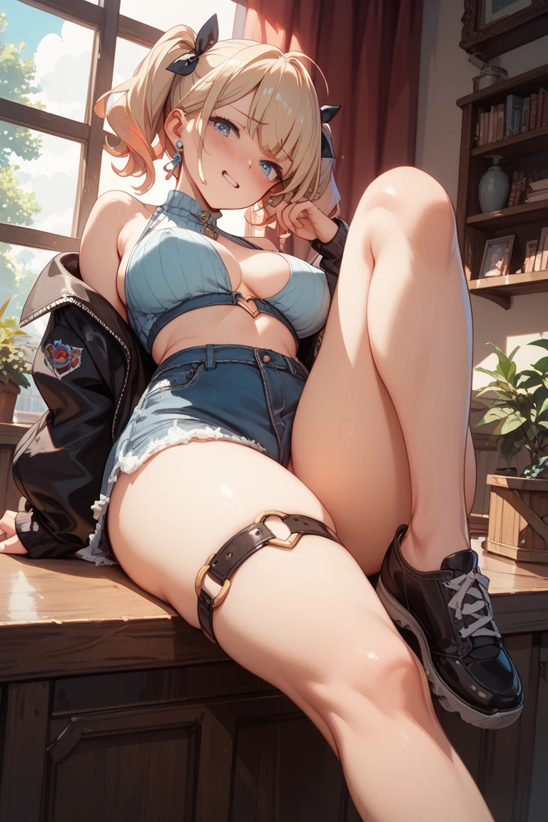 tess, 1girl, ponytail, blonde hair, blue eyes, open clothes, leotard, cropped jacket, open jacket, boot, high heels, cleavage, thighhighs, sitting,
indoor, gun, handgun, holding gun, fire, shoting,
masterpiece, best quality, 8k