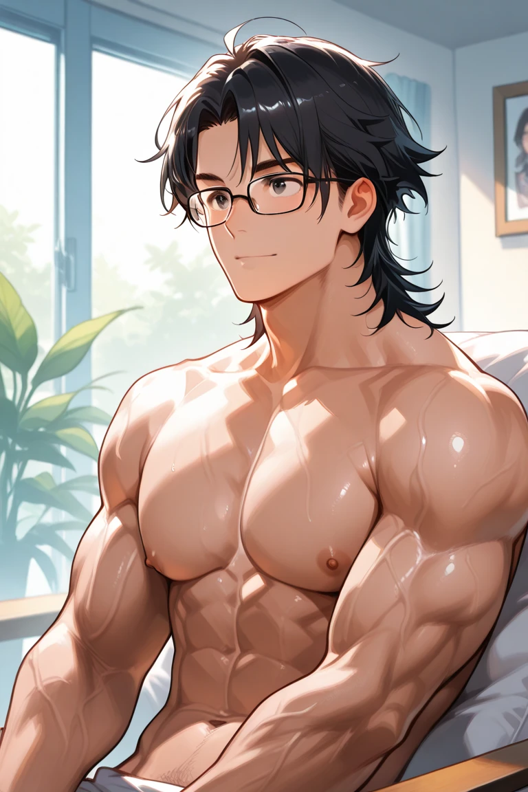 high quality, (soro japanese teen boy:1.5), (detailed eyes), (black long hair), (muscle:1.5), naked, (dark wet skin), (detailed puffy nipples), black tiny thong, bulge, smirk, looking at viewer,