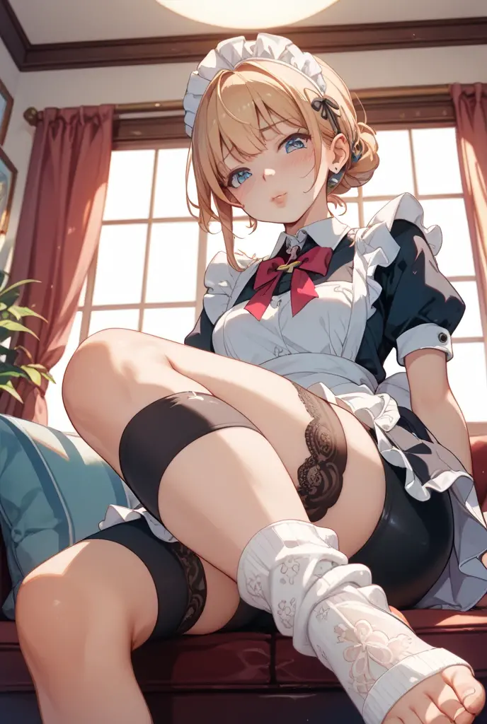 highest quality、masterpiece、((2 women))、((smile:1.3))、(blush:1.3)、Black Shirt、blouse、((fun!!))、(Small breasts)、()、Blonde、(Long sleeve)、((White apron:1.5))、((Maid))、((hair ornaments)),、Kamimei、look at me、 ((in house:1.5))、 Taking a break from watching the audience、Cowboy Shot、(Skirt lift:1.3),(Highly detailed white panties:1.3)、(Highly detailed panties:1.3)、、(スカート that rolls up:1.3)、(Panties fully exposed:1.5)、Light blue eyes、long hair、Glowing Eyes