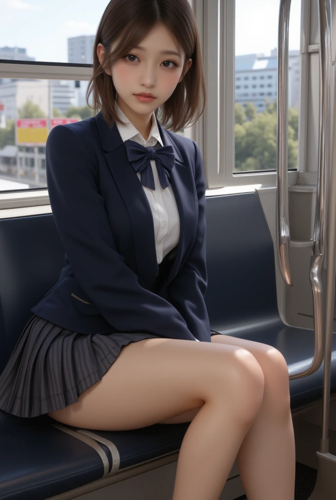 (8k, RAW photo, top quality, masterpiece: 1.2, realistic, photorealistic, high contrast, photon mapping, photon mapping, photorealistic, ultra-detailed, professional lighting, low angle: 1.2), (1 girl), (solo: 1.5), (full-body), (height is 170cm), (18-year-old schoolgirl), (Shinjuku at night in Japan), (sidewalk bench), ( Japan High School Uniform), (Dark Blue Blazer: 1.2), (Short Plaid Skirt: 1.2), (White Shirt for Students), (Tie: 1.2), (Sitting, Looking Forward), (M-Legged), (100 Degree Open), (Crotch Open: 1.2), (Light Brown Medium Hair), (See-Through Wet White Panties: 1.5), (Cameltoe), (Black Loafers: 1.2), (Beauty Face: 1.2), (Perfect Proportions: 1.2), (Long Legs: 1.2), (Small: 1.3), (Panties Visible from Under Skirt: 1.2), (Female Pubic Hair Clearly Visible: 1.4), (Pubic Hair: 1.4), (Without Panties: 1.2), (Textured Skin)