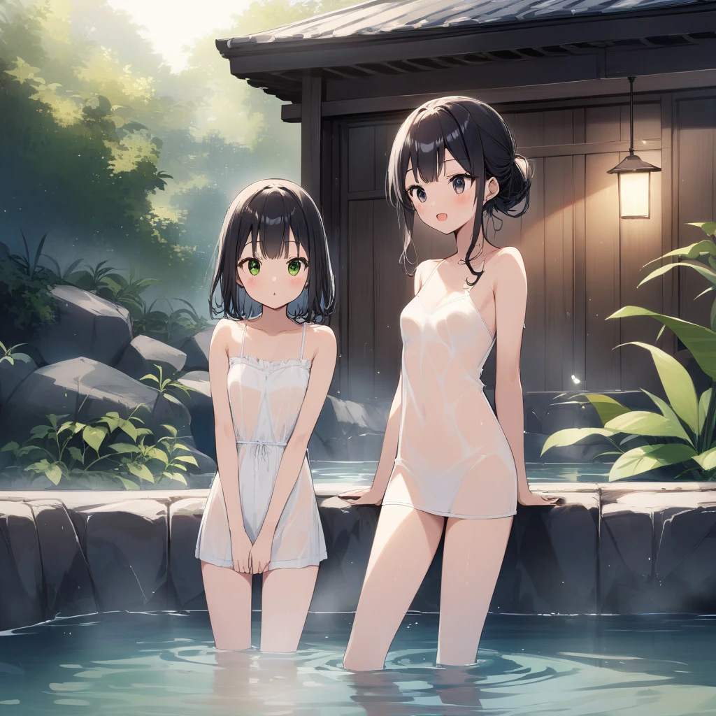 ((Highest quality)), ((masterpiece)), (detailed),Perfect Face,Strong light from the front,With front light,Fully nude sisters standing in a row in an open-air hot spring,