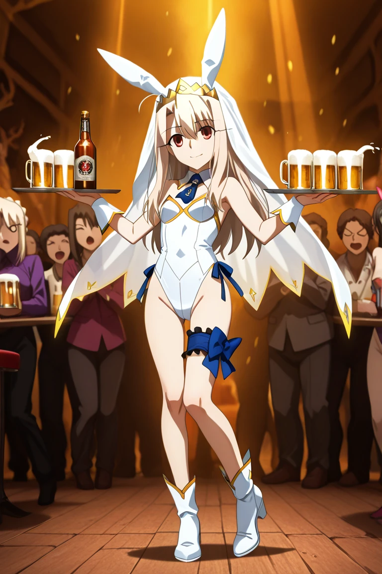 Anime style, full body image, Full image from head to toe, Standing Pose, ((Illyasviel_von_Einzbern) From anime (Fate_Prisma_Illya)) become((Artoria_Pendragon_Ruler)From the mobile game(Fate_Grand_Order)), Wearing a suit of((Artoria_Pendragon_Ruler)From the mobile game(Fate_Grand_Order)), , the right hand holds a tray for serving drinks and food., . The background is an underground bar, Beer Mug, Liquor Bottle, Beer bottle, A bustling bar,  loud , many people, with a golden light aura encased where the sword body, top image quality, High Resolution, Anatomically qualified , Masterpiece