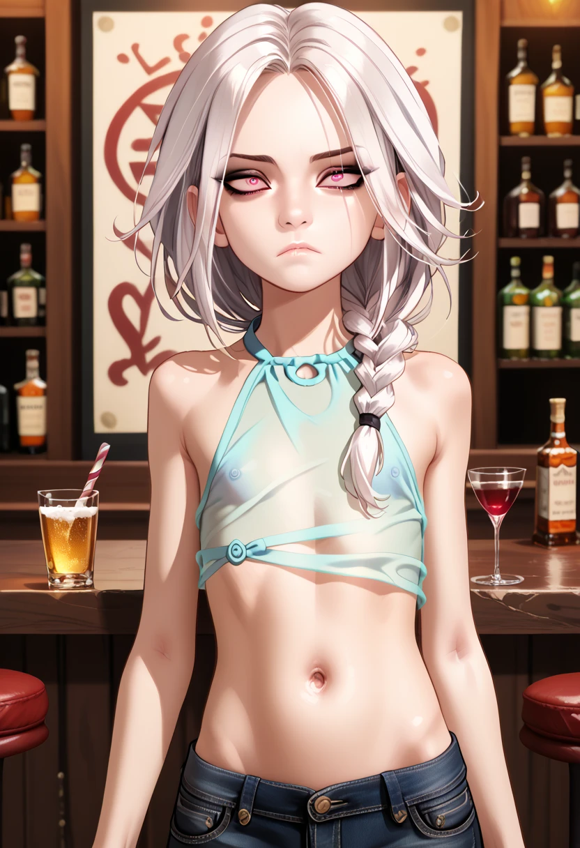 Masterpiece, best quality, red eyes, Tan skin, Supreme arcane, bartender Hylia, Sheikah everywhere, bartender Hylia covered in tavern attire, smirking at viewer, tavern,
