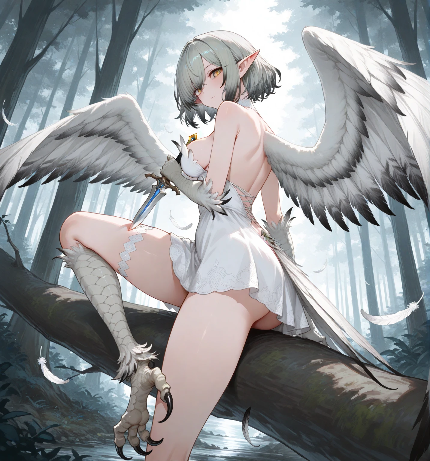 ((best quality)), ((masterpiece)), (detailed), 1girl, off-shoulder, Character design, female, dynamic poses, long white grey hair, grey white eyes, small frame, very skinny, detailed, best quality, no accesoires around the neck, no shoes, prominent collarbones, skinny arms, flat stomach, visible hip bones, full body, blank white background, plain background, white background, red and white clothing, Bloodborne inspired, occult aesthetic, occult, detailed and intricate steampunk and detailed gothic, NSFW, Very dramatic and cinematic lighting, cosmic horror, grim-dark, side-lighting, perfect face, NSFW, Fluttering lace flared long knee length dress with frilly petticoats, knee length dress, pleated petticoats, petticoats gothic, complex lace boots, side-lighting, gothic ta aesthetic, wielding a mighty sword with mechanical components, various different types of insect wings, NSFW, full body, whole body, body, plain background, white background, blank background, no background, white background NSFW, chains, full body, whole body, head-to-toe NSFW