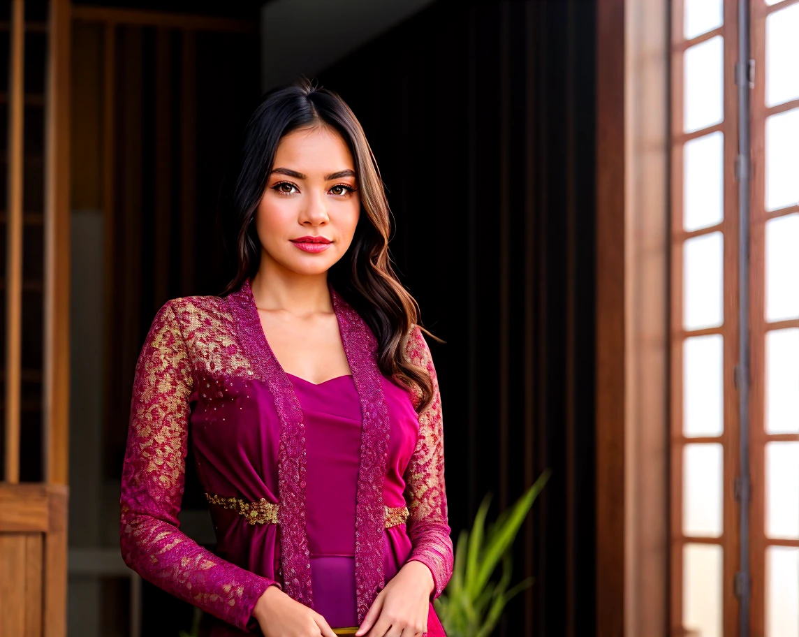 portrait of a beautiful woman wearing a pink kebaya, detailed eyes, detailed lips, long eyelashes, elegant pose, vibrant background, soft lighting, ultra-detailed, photorealistic, vivid colors, bokeh, feminine beauty, graceful, delicate features, radiant smile, intricate embroidery, flowing fabric, subtle makeup, regal appearance, traditional attire, cultural significance, mesmerizing gaze, portrait artistry.