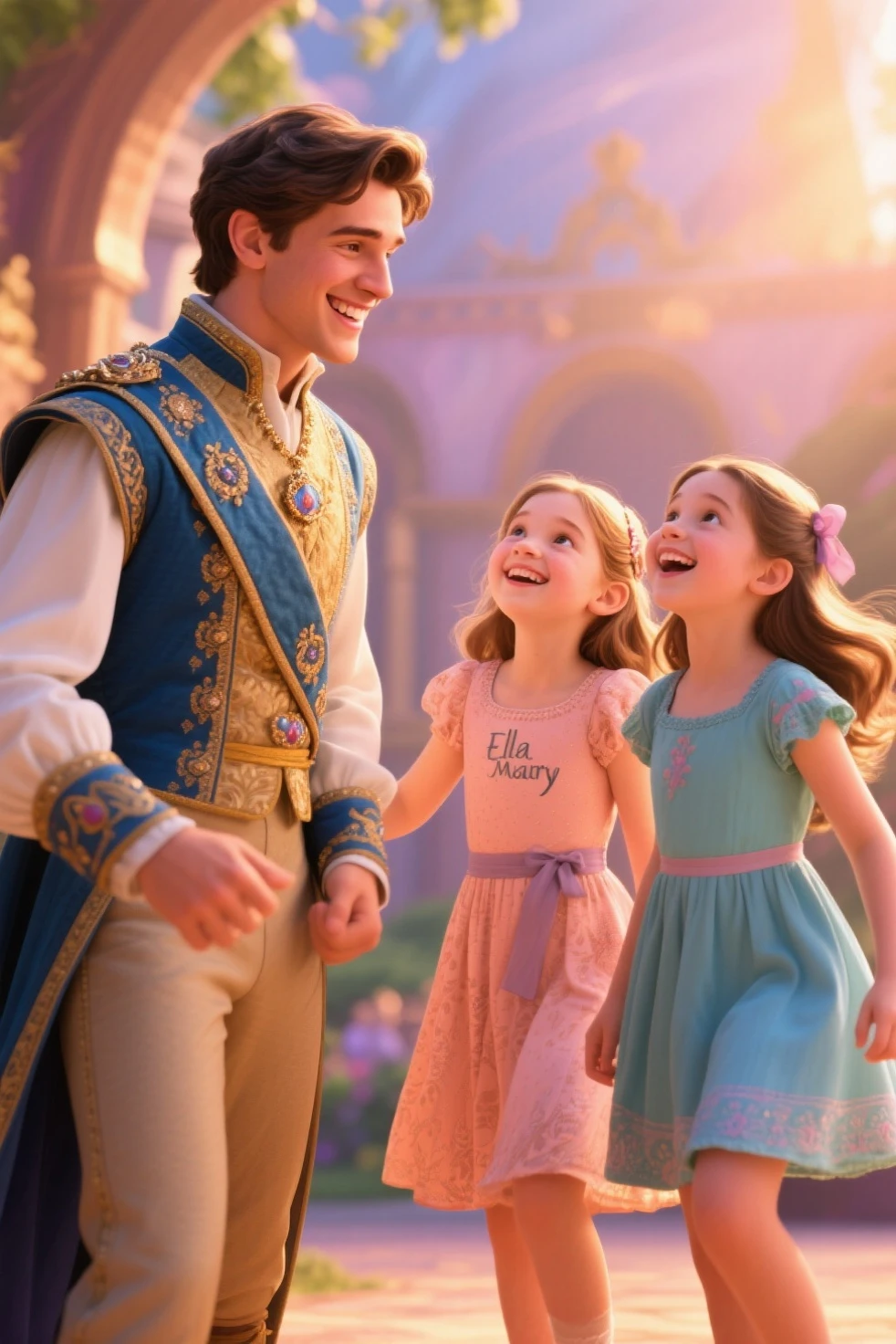 3 children playing at being a princess, um principe e um plebeu, being watched by the king laughing watching the children's play