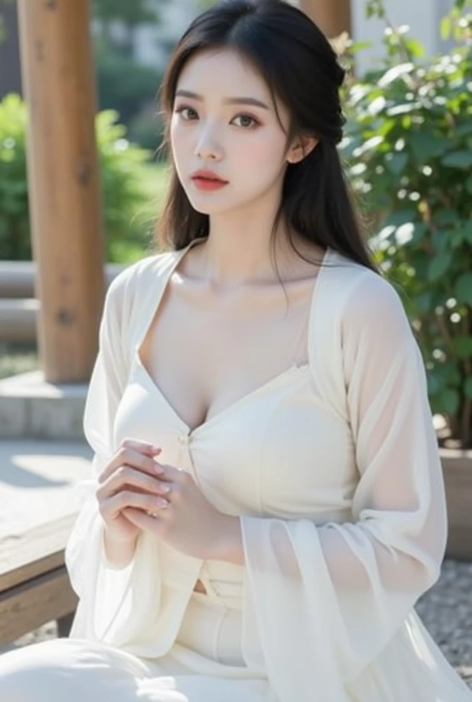 A beautiful mature Japanese woman with a youthful appearance, seen from a first-person perspective as if on a date. She is wearing a stylish white shirt that reveals her cleavage. She has luscious, shiny hair and captivating eyes. Her body is full-figured and voluptuous. She is standing in a summer landscape with high resolution and realistic, detailed depiction. The scene feels intimate and personal, capturing the warmth and charm of the moment.