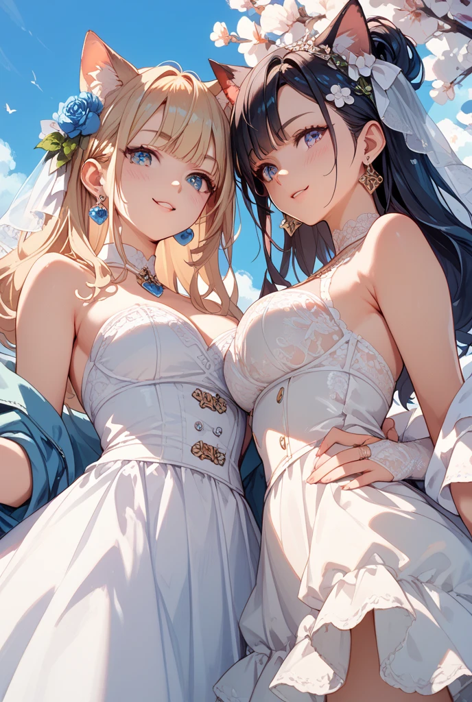 2 girls,girl's_love,yuri,wedding dress,Two beautiful girls are hugging each other, their faces and whole bodies are in close contact,Two beautiful girls are lying on the bed,Shiny glossy body,Heavy breathing,saliva, sweat, Sweaty and wet all over,(gigantic breast),nipple,nsfw,((cowboy shot)),(saliva trail),(Love juice is dripping from the pussy,),((orgasm)),Two beautiful girls are playing with each other's crotches with their hands(((lightblue hair,flaxen hair,))),Speech,holding hands with each other,(deep kiss,french kiss,,)
