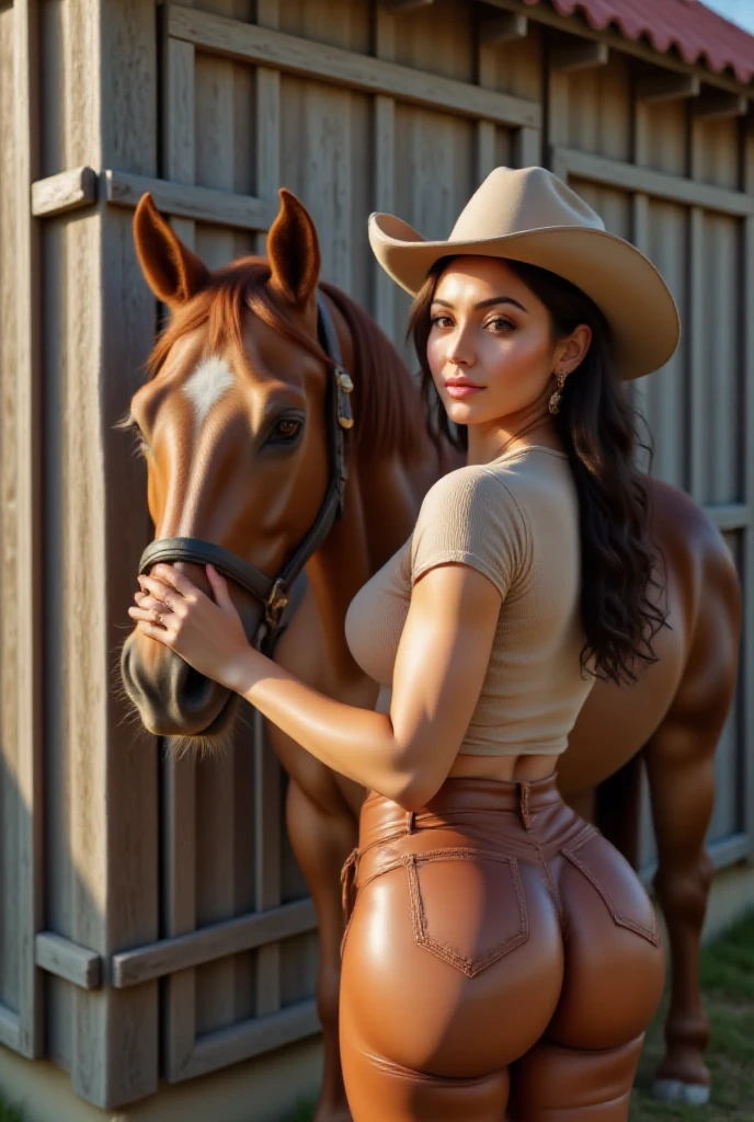 araffe posing with a horse in a stable with hay, 🐎🍑, adriana chechik, with horse driven, promo shoot, 4 k glamour photography, on a horse, cowgirl, by Felipe Seade, stunning photoshot, dominant pose, malika favre, hq print, profile shot, lunging at camera :4, breath taking beautiful, stunning scene