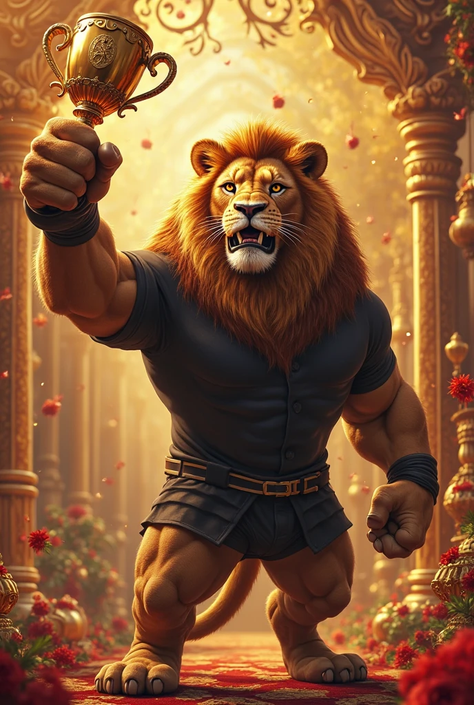 muscle, male, (lion head:1.0), furry, kemono, dressed as a prince standing on a cliff with flowers behind him, cloulds in the sky, photo, realism, cgi, (fighting pose:1.2), tekken, eye glow, broad waist, nipple, red hair, (baki:1.2), teeth, (steam:1.0), high detail, castle, masterpiece, (HDR)(wallpaper)(movie lighting)(sharp focus), masterpiece, best quality, (extremely detailed CG unity 8k wallpaper), (best quality)