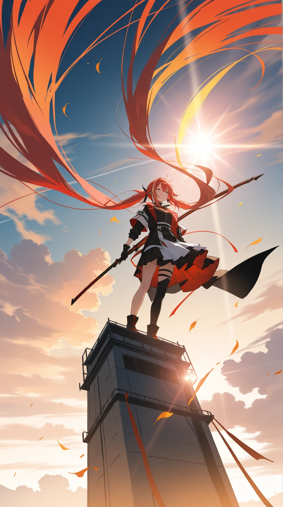 One girl, alone, Caria, Twin tails, Red Hair Color，Long Hair, Red hair ribbon,  Red eyes,(school uniform:1.2), Long sleeve, Short tie,  Flat Chest,  Kanzaki H. Aria，mini skirt, Black knee socks, Possession of a gun,