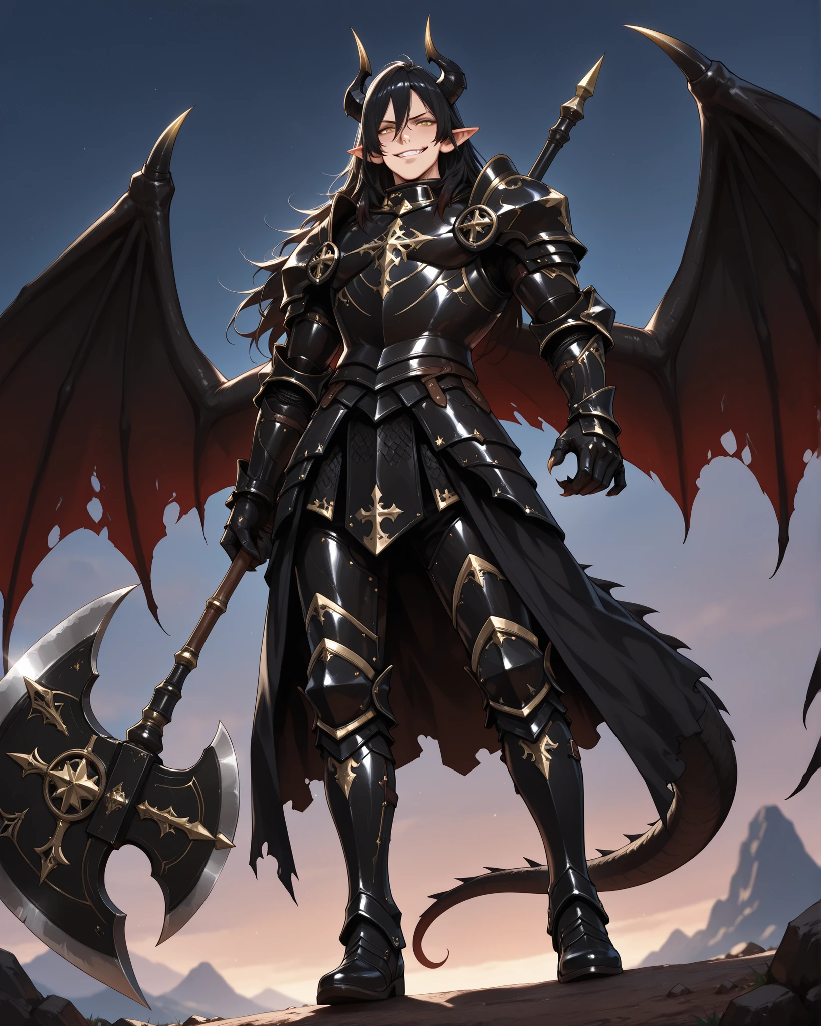 (masterpiece, best quality: 1. 5), (128K Ultra High Resolution), (intricate detail, super detailed, extreme detailed: 1. 5), (best illustration), detailed depiction, highres, 8K, CG, detailed line work, ((Anime)), from below, wide angle, (1 male), lean body, (beautiful guy), (strong body, masculine), weredragon, (japanese anime style), glossy black, (shiny black leather), (beautiful golden eyes, finely detailed eyes, bright eyes, vertical iris: 1. 5), hair between eyes, (long hair, thick and luxuriant hair, wild hair), sideburns, (sly grin, smirk, evil smile), teeth, confident, black hair, (ultra detailed face: 1. 5), shiny skin, long pointy ears, twisted torso, long-legged, sculpted face, wasp waist, broad shoulder, slim waistlines, wide chested, sinewy body, dragon horn, dragon tail, dragon wings, dragon sharp claws, half dragon half human, (black armor with a lot of grandiose decorations), (oversized axe, holding detailed huge axe on hand: 1, 5), (dramatic angle), dynamic posture, ultra detailed black armor, all black outfit, dressed in black, emphasize face, sharp focus, oblique angle, good-looking man, well-polished black armor, cinematic, glowing glitters, ray tracing, (highly detailed artwork, detailed black decorations), dramatic shadows, wonderful pose, stark contrast, heavy shadows, beautiful and aesthetic, photoreal, (mysteriously crafted black metal armor: 1. 5), sparkling accessories, true-to-life visuals, artistically refined, dramatic contrasts, (extremely delicate and beautiful armor, elaborate armor details, armor with intricate engravings: 1. 5), (exquisite goldwork), ((armor-type boots)), (wonderful black armor, detailed shoulder armor with intricate engravings: 1, 5), ((dark fantasy aesthetics)), very gorgeous and dazzling, (ultra detailed fantasy black armor, dark fantasy black knight, in a cursed dark armor, wonderful spiked armor: 1, 5), (Hyper Detailed & Perfectly Designed Black Armor: 1. 5), sky, fantasy scenery, splendid scenery background