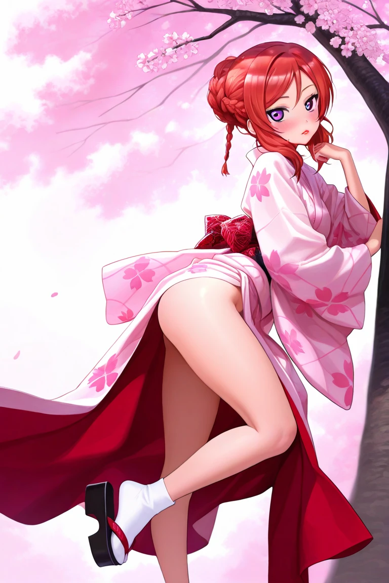 (masterpiece:1.2, best quality), 1girl,solo, large breasts, full body, headband, pink hair, short hair, green eyes, lipstick, red dress, bare shoulder, looking back, sakura, haruno_sakura, naked, sexy, transparent kimono.little pubic hair, silver pubic hair, white skin with a pinkish tint, beautiful lips, perfect mouth, pink eyes, wearing red sandals, perfect little feet, pink painted nails, holding a medical record in one hand (long pink nails), holding a syringe in the other hand, orgasmic face, clear liquid dripping from her pussy.