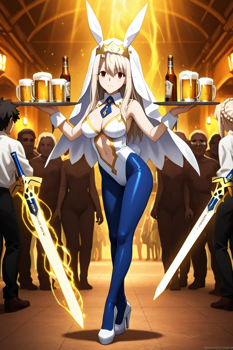 Anime style, full body image, Full image from head to toe, Standing Pose, ((Illyasviel_von_Einzbern) From anime (Fate_Prisma_Illya)) become((Artoria_Pendragon_Ruler)From the mobile game(Fate_Grand_Order)), Wearing a suit of((Artoria_Pendragon_Ruler)From the mobile game(Fate_Grand_Order)), , the right hand holds a tray for serving drinks and food., . The background is an underground bar, Beer Mug, Liquor Bottle, Beer bottle, A bustling bar,  loud , many people, with a golden light aura encased where the sword body, top image quality, High Resolution, Anatomically qualified , Masterpiece