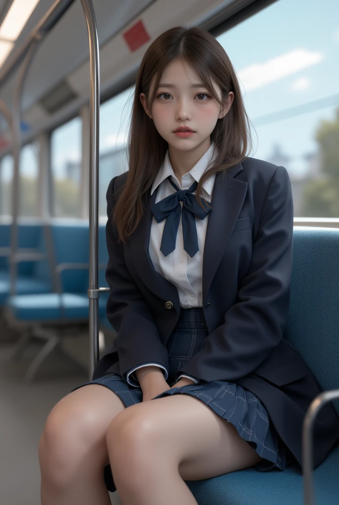 (Showing off panties:1.2), (Professional portrait, Realistic and perfectly shaped subjects:1.3), (masterpiece, highest quality:1.2), (Realistic, Ultra-realistic, Realistic:1.3), (ultra High resolution), High resolution, Intricate details, Super detailed, (Highly detailed CG, unity 8k wallpaper:1.3), Clear image,
break
(1 Japanese girl, 16 years old), (cute, Slender figure), (Perfect Anatomy, Correct limbs:1.2), (Perfect hands), Perfect Arms, Beautiful and delicate face down to the last detail, Beautiful and delicate eye and eye highlights, (Very thin and delicate、not too long lashes), (Captivating eyes, Beautifully detailed eyes and face), light makeup, Pink Lip, Lip gloss, Stylish face, (Shiny skin, Realistic skin detail), Brown Hair, medium chest
break
((school uniform)), (High school girl), (Black socks), shirt open
break
Train, Sitting in a train long seat, (Cowboy Shot), break
(((blush:1.4))), ((Embarrassing:1.4)), (((shy:1.5)))
break
from below
break