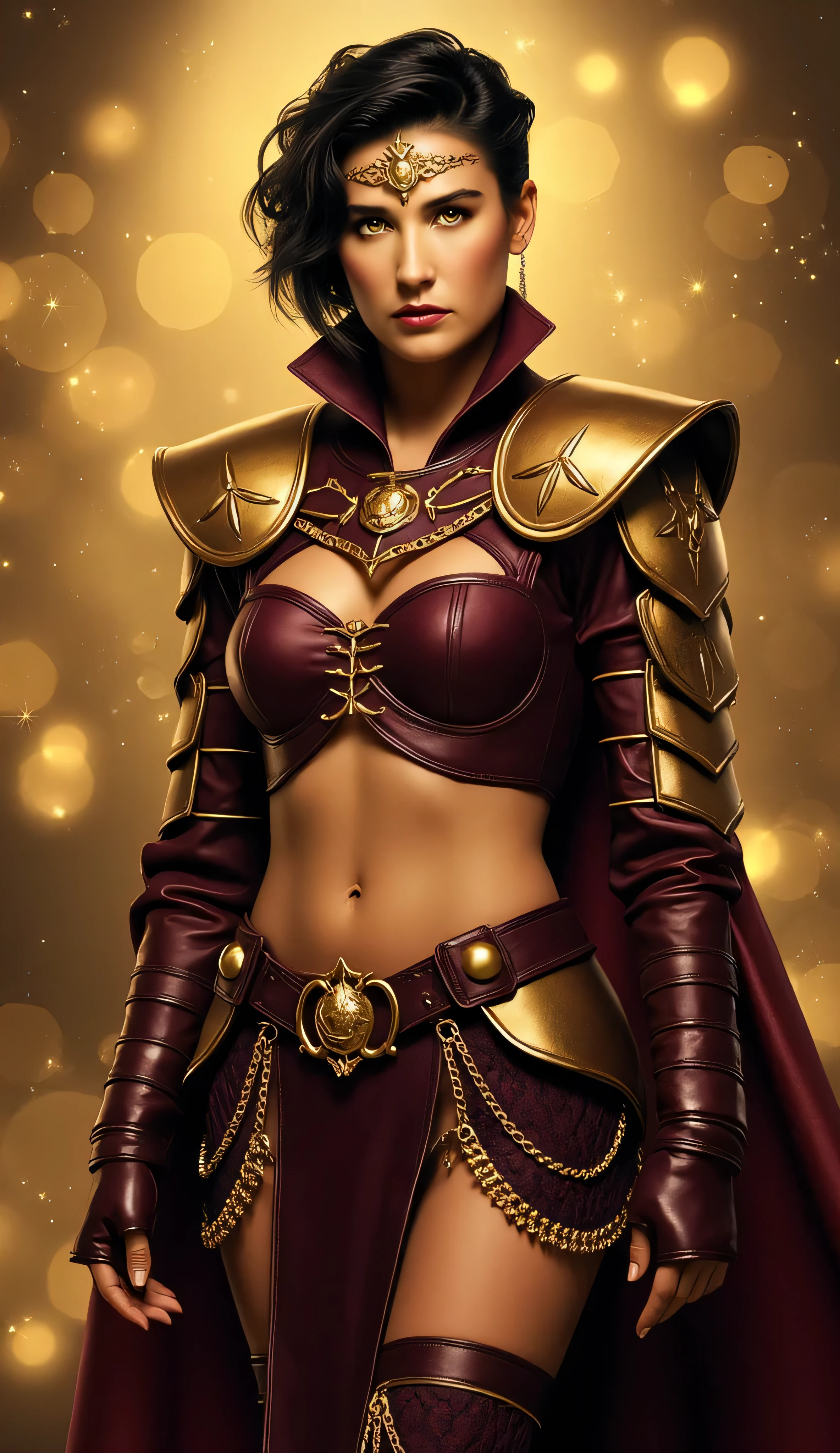 Demimoore as Morrigan, powerful and enigmatic dark sorceress, standing confidently, under golden lights, glowing yellow eyes exuding authority and mystery, ornate dark maroon and gold armor outfit, intricate designs, cutouts revealing her toned midriff and hips, layered leather belts and straps adorned with golden chains, short black hair frames her sharp features, gold crown-like headpiece with a central spike enhances her regal presence, arms are wrapped in dark maroon leather bands, her golden accessories reflect the warm and dramatic lighting, soft bokeh lights, cinematic and magical atmosphere, high-detail fantasy character portrait, digital painting, dark fantasy aesthetic