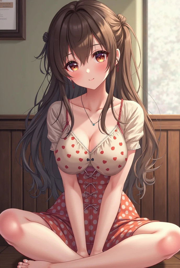 nsfw, (8k、Best image quality、Highest quality、masterpiece)、Detailed face、Detailed Background, Improve、A beautiful 35 year old woman, (Light Brown Hair:1.3), Long wavy hair, blunt bang, Big Tits, (White sleeveless blouse), (Black Mini Skirt), Gold Necklace, Earrings, Dark high heels, (A tense look:1.5), (Blushing:1.4), Sitting on the outdoor steps, panties visible, (Sexy panties with red lace:1.2), from front, full body, nipple visible