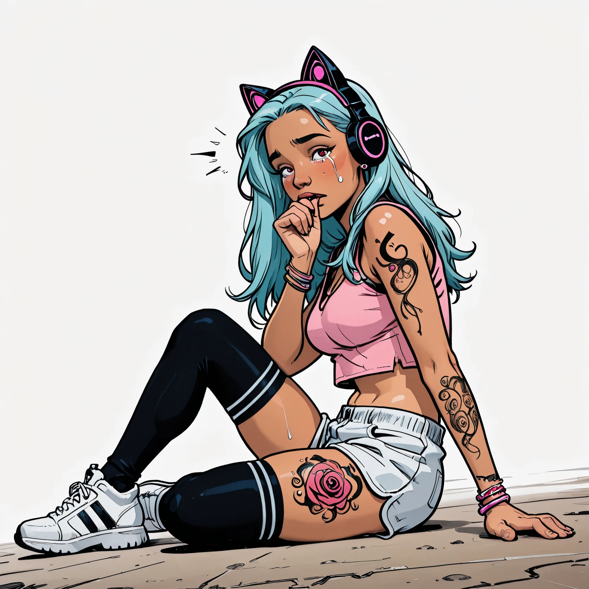 Solo, 1girl, High Resolution, Long Hair, medium Breasts, lightblue hair, white background, manga Style, naughty look, black cat headphones, full body, bracelets, earrings, thigh tattoos, arm tattoos, High Details, dreamy, neckband , naughty posing, tanned, lean body, black thigh high socks, side view, dutch angle, sitting on ground, legs slightly spread, white jeansshorts, pink loose crop top, white sneaker, looking at viewer, crying, blushing, surprised eyes, hand before mouth