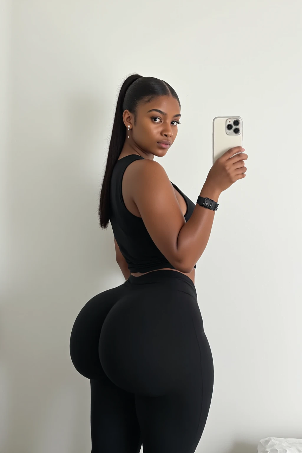 (((ailatman, azlatguy))), adrianatru, black woman, slim thicc, dark skin, dark skin, very dark skin, 1girl, dark-skinned female, ass, solo, looking at viewer, lips, black hair, looking back, dainty hands, slim waist, wide hips. huge ass, thick thighs, thick legs, dainty feet