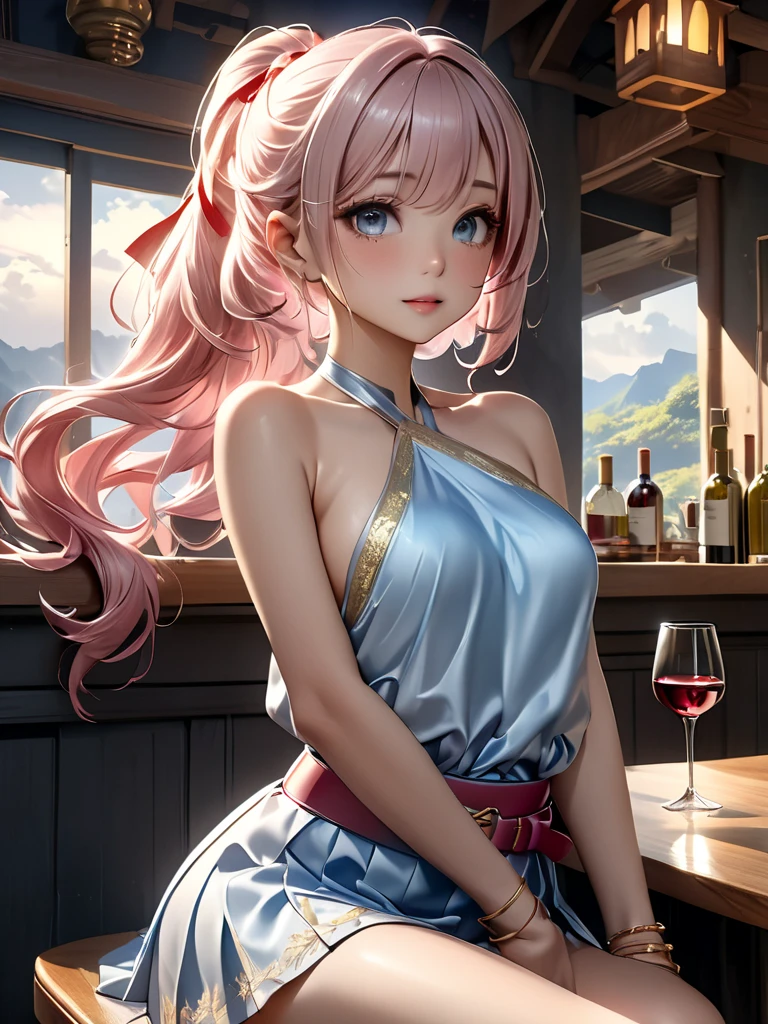 beautiful woman, 18 year old Japanese、cute girl、solo, wine glasses, wine glassesを持っている,detailed face, beautiful eyes on my stomach, detailed faceの特徴, flowing hair , big eyes , Fantasy Scenery, Dimly lit bar, Moonlight shining through a window, Subdued colors, dramatic lighting, cinematic composition, digital paint, Super Detail, (Highest Quality,4K,8k,high resolution,masterpiece:1.2),Super Detail,(realistic,photorealistic,photo-realistic:1.37)、micro mini skirtのミニドレス((light blue halter neck dress、micro mini skirt、Gold Thread Embroidered Outfit、 Pink Belt、red ribbon、 Gold bracelet))、pink hair、shiny costume、、ponytail、Strong winds、short hair、from behind、sitting on a counter chair、looking back up the ladder