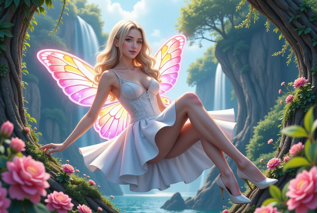 a picture of a jungle fairy, an extraordinary beautiful, elegant beauty, divine beautiful fairy, ((anatomically correct: 1.5)) spread butterfly wings, blue and purple wings, pink eyes, glowing eyes, (ultra detailed face: 1.2), best detailed face,  blond hair, rich hair, wavy hair, glamour dress, wild dress, dress decorated with jungle flowers,  sitting on massive heliconia tree the rain forest, sun rays coming through the trees, Hyperrealism style, vibrant, Ultra-high resolution, High Contrast, (masterpiece:1.5), highest quality, Best aesthetics), best details, best quality, highres, ultra wide angle, 16k, [ultra detailed], masterpiece, best quality, (extremely detailed) RAW, Cinematic Hollywood Film style, FairyTaleAI, fairy wings, 