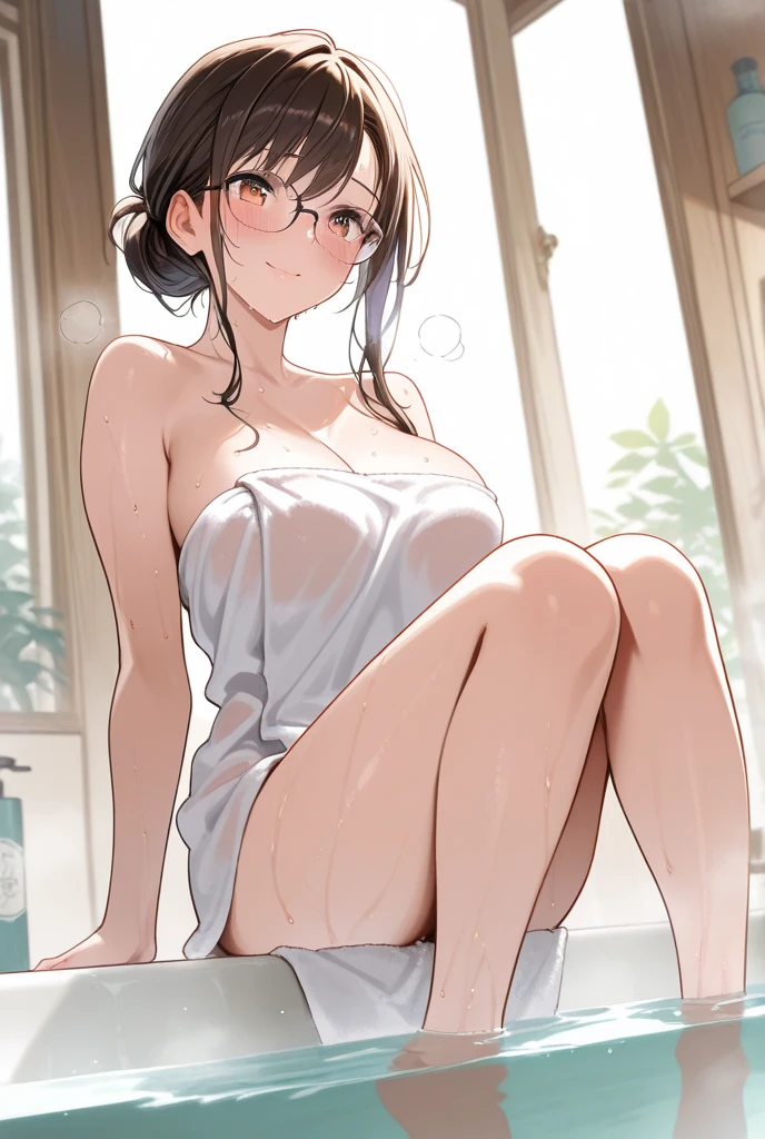 masterpiece,Highest quality,Super quality,Bathroom,Detailed nipples,Pussy,Detailed pubic hair,Completely naked,girl,Dark hair color,Natural lighting,I'm in trouble because I have to take a bath with my male cousin who is the same age as me.
