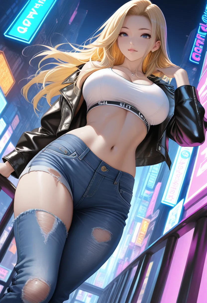 One girl, solo, Big round breasts, clevage, curvy body, realistic, blonde hair, light green eyes, amazing big eyes, eye details, eyebrow details, white crop top, denim skirt, big lips, blush, confident, dominant, bdsm, smirk, naughty, mischevious face, HD, good quality, crop top, curvy, standing up, lounge area