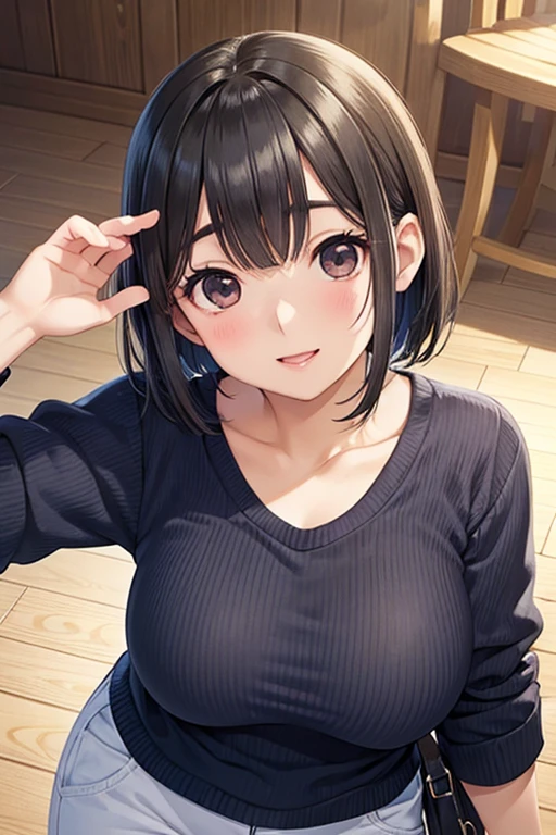 masterpiece, yor, 1girl, Amazing Cleavage:1.3, thin waist, big ass, Raised sexy, medium breast: 1.6 posed cleavage:1.2、solo, looking at viewer, open mouth, have a cup of coffee,black hair, red eyes, dress, bare shoulders, jewelry, collarbone, sidelocks, hairband, earrings, indoors, off shoulder, :o, sweater, arms behind back, plant, short hair with long locks, white hairband, off-shoulder dress, sweater dress, off-shoulder sweater, red sweater:1.2, big side hair, very long side hair,is rendered in (masterpiece: 1.2, best quality), with (ultra high resolution) and an exquisite (depth of field). This masterpiece is not only visually stunning but also tells, make of cooking chainese foods ,in the kitchen