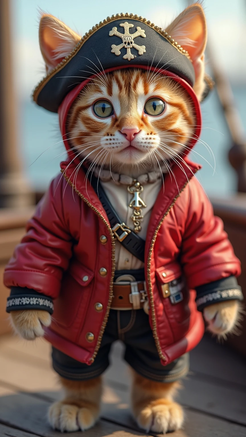 (photorealism:1.2), a cute ginger cat wearing pirate clothes with sword and one eye blindfold walking on the runway 