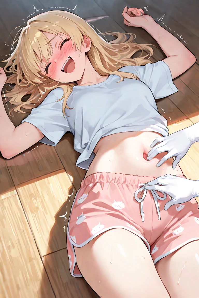 (Crossdresser),blonde low twintails,服の隙間Voyeur,((M-shaped legs)),Voyeur,naked,Groin bulge,Front view,Masturbation,Ahegao,