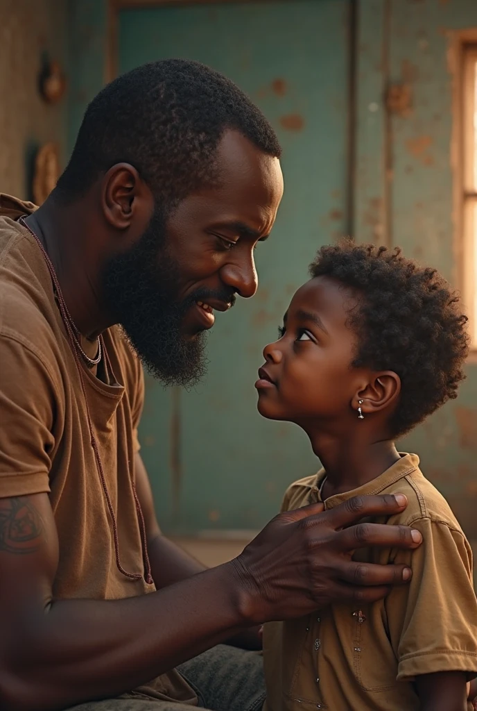 A happy black father in dark shabby clothing standing with his son in grey sweater in a large stadium at night, detailed facial features, close up portrait, warm lighting, dramatic cinematic atmosphere, realistic, photorealistic, HDR, 8k, highly detailed, sharp focus, physically based rendering, professional, vivid colors, cinematic lighting, dramatic shadows, stunning, emotional moment, tender hug, love and pride