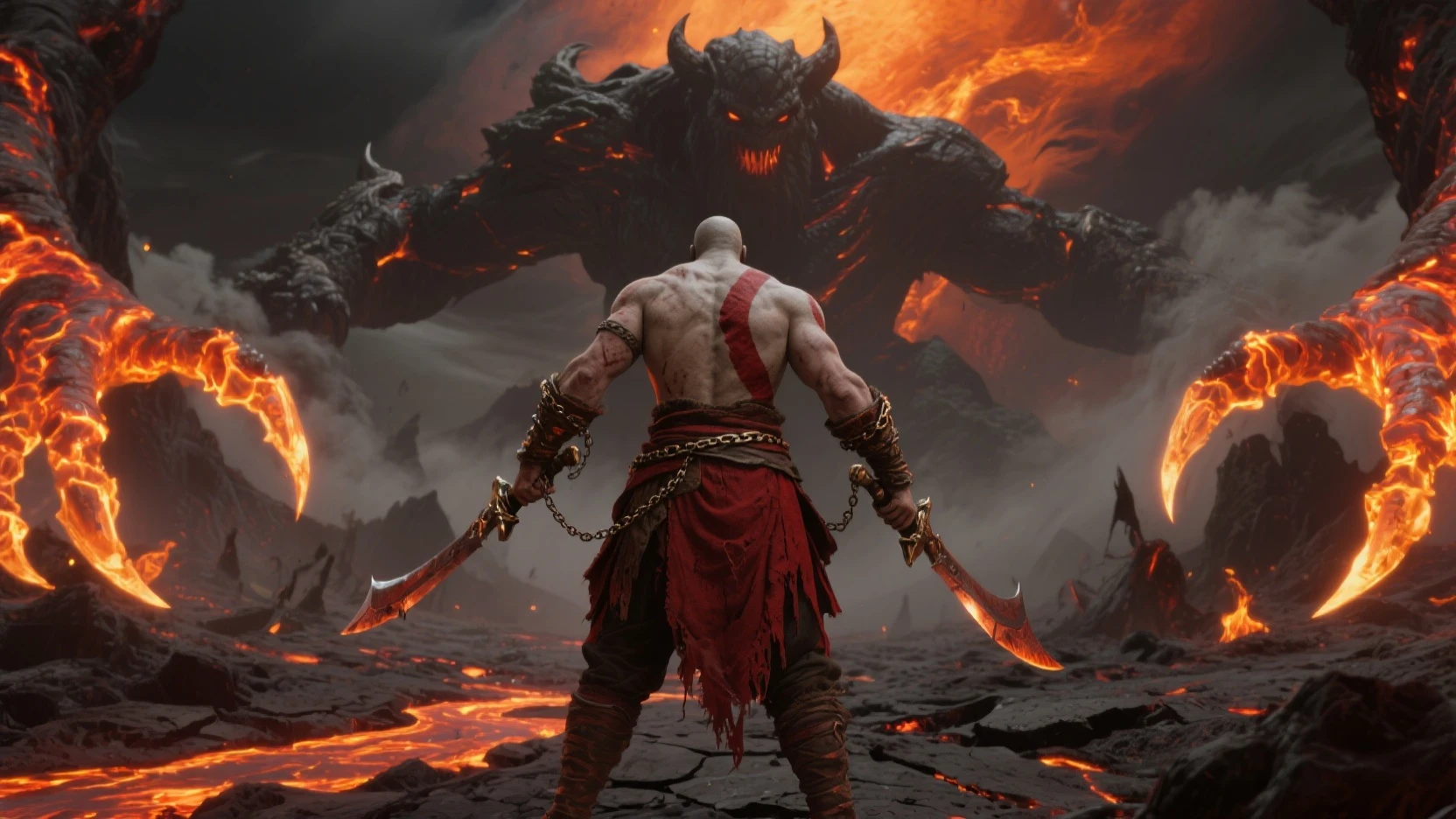 best quality, highres, (realistic:1.37), ultra-detailed, kratos god of war ragnarok with a sad look, haunted by his old memories, [dark], [emotional], detailed facial features, (intense expression), powerful muscular body, (warrior:1.1), (god:1.1), (angry:0.9), (tattooed:1.1), (battle scars:1.1), [ruined environment], crumbling ruins, [ominous atmosphere], flickering torches, (sinister shadows:1.1), (thunderstorm:1.1), (rainy:0.9), (ancient:1.1), (mythical creatures:0.9), (mythology:1.1), (weapons:1.1), (chains:1.1), (smoke:1.1), (ash:1.1), (vengeful:1.1), (tragic:1.1), (epic:1.1), (mythical:1.1), (brooding:1.1), (despair:1.1), (memories:1.1), [emotive background music], (dramatic lighting:1.1), (contrasting colors:1.1), [dynamic composition], (epic scale:1.1), (atmospheric:1.1), (mysterious:1.1), (tense:1.1), (intense:1.1), (epic battle:1.1), [imposing], (destructive:1.1), majestic surroundings.