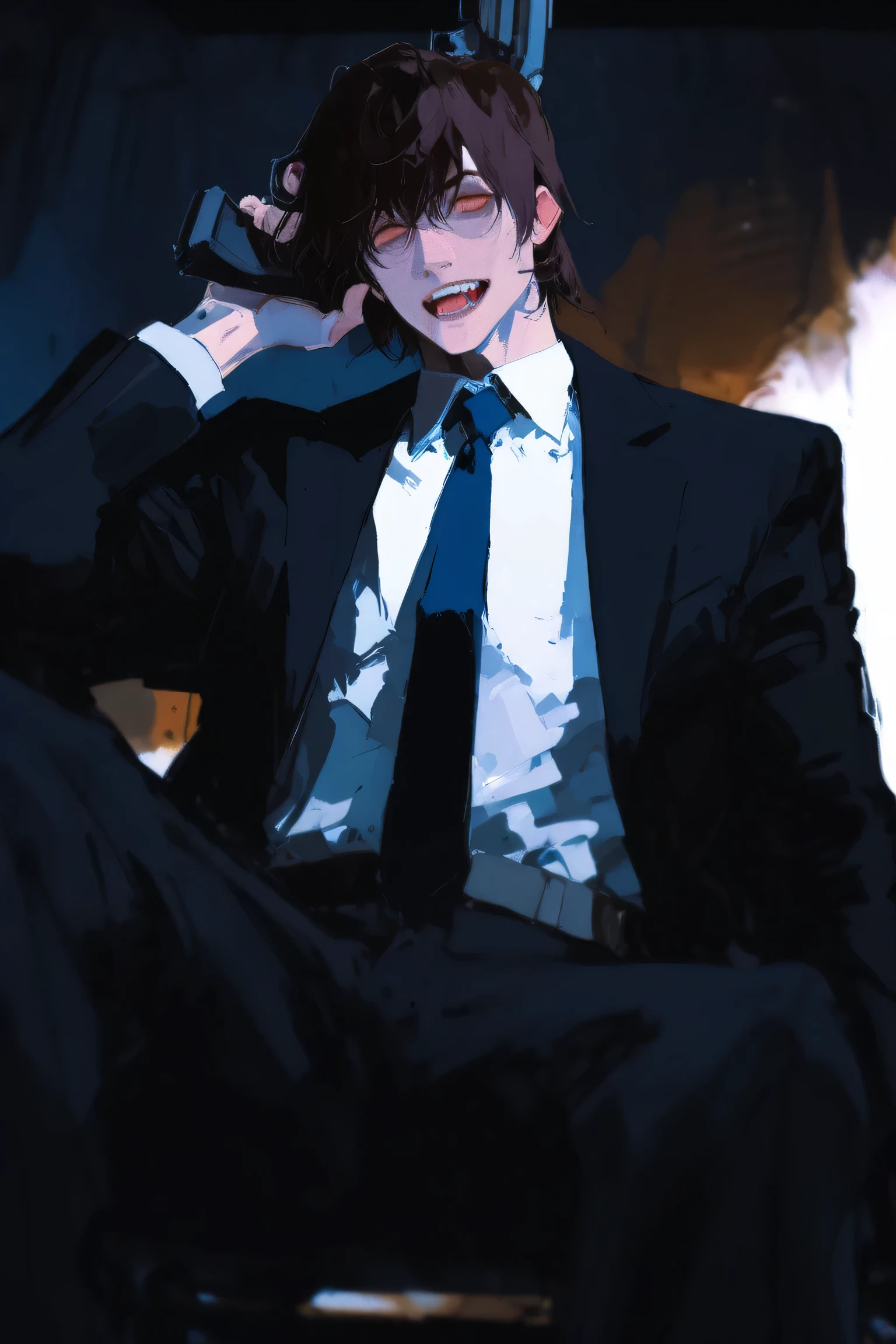[[[[[Open your mouth, handsome teeth]]]]] [[[[[[Pretty nice shirt]]]]]] , good hair, background, gods, put a gun on his lower leg. {{{{{Good looks}}}}}  Add a dead man