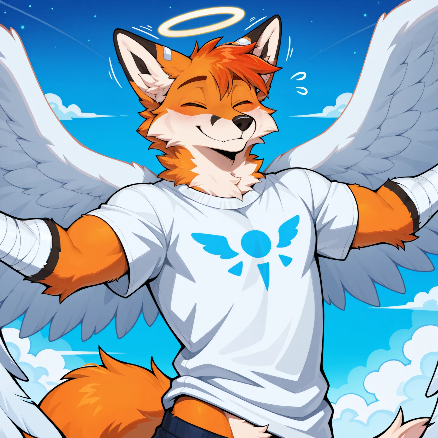fox boy (male, orange fur, t-shirt, shorts),
wolf boy (femboi, femboy, male, grey fur, white feathered wings, blue eyes, t-shirt, short shorts),