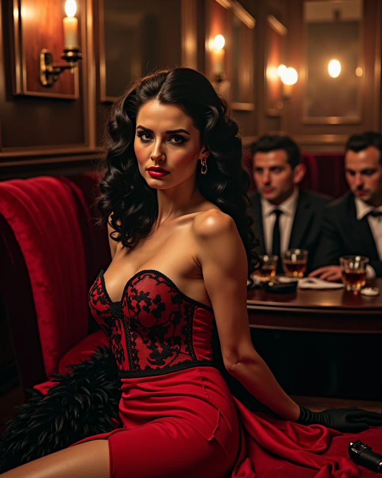 Create an artwork depicting a femme fatale, her beauty as dangerous as a serpent's venom. Picture her sitting at a vintage gambling table, surrounded by men who are utterly captivated by her. She's adorned in a slinky, red evening gown, and her lips are painted a seductive shade of crimson. A single, diamond-encrusted earring dangles from her ear, catching the light and adding to her allure
