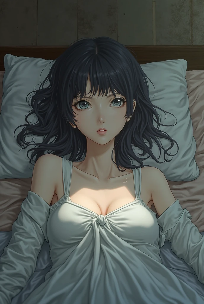 (8K、top-quality、masterpiece:1.2)、(realisitic、ultra-detailliert、超A high resolution、1 girl,beautifull detailed face,(lying on bed,on stomach),at night ,layered hair,long black hair,full-face blush、Constriction、(Slim waist) :1.3)、cleavage、Beautiful detailed skin、Skin Texture、Floating hair、Professional Lighting、in my bedroom,(Whole human body:1.0),long shot,white dress shirt, naked shirt,open shirts,large shirts,no panties,bottomless
,wearing random color