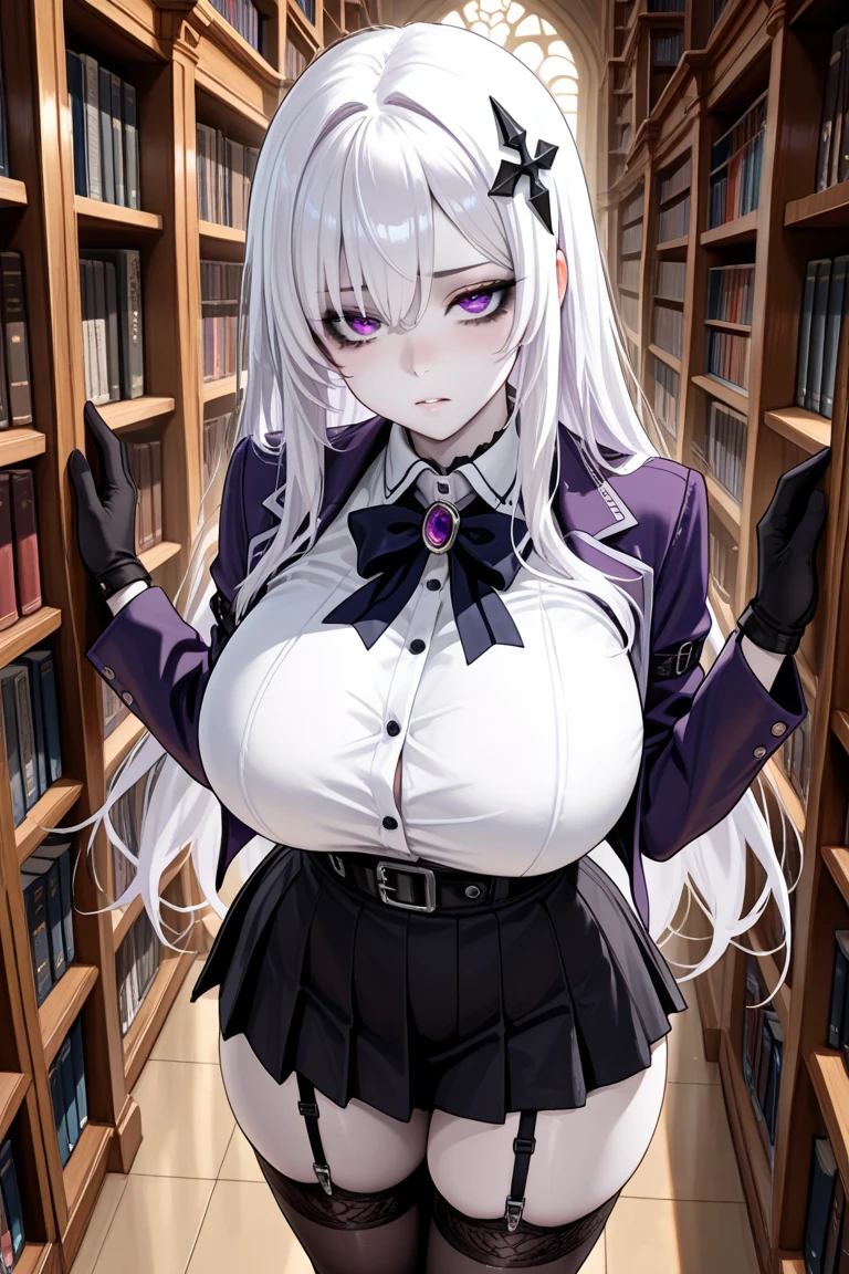 A large woman with spider-like features, wearing a web like outfit long black low-cut dress with white featureswhite chrysalis hair in a room full of books