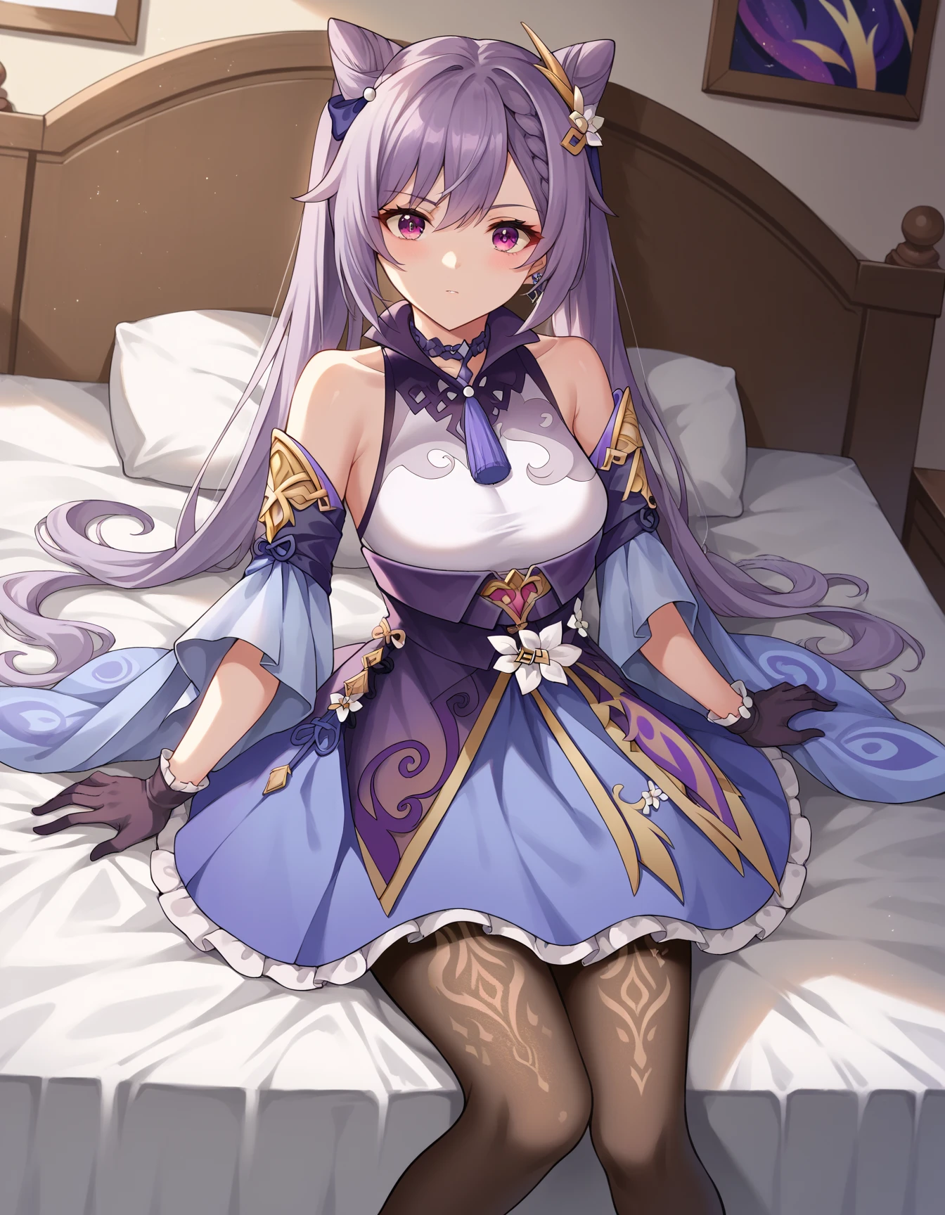 masterpiece,best quality,score_9,score_8_up,score_7,1girl,source_anime,1girl,twintails,multicolored hair,detached sleeves,bangs,crown,dress,purple hair,streaked hair,white dress,ahoge,ribbon,two-tone-hair,bare shoulders,long sleeves,purple eyes,thighhighs,wide sleeves,bow,garter straps,long hair,mini crown,hair ribbon,puffy sleeves,black thigghighs,detached collar,hair bow,<lora:Pony_å°ä¸äººé±¼-000009:0.8>,indoors,bedroom,on bed,lying,on back,