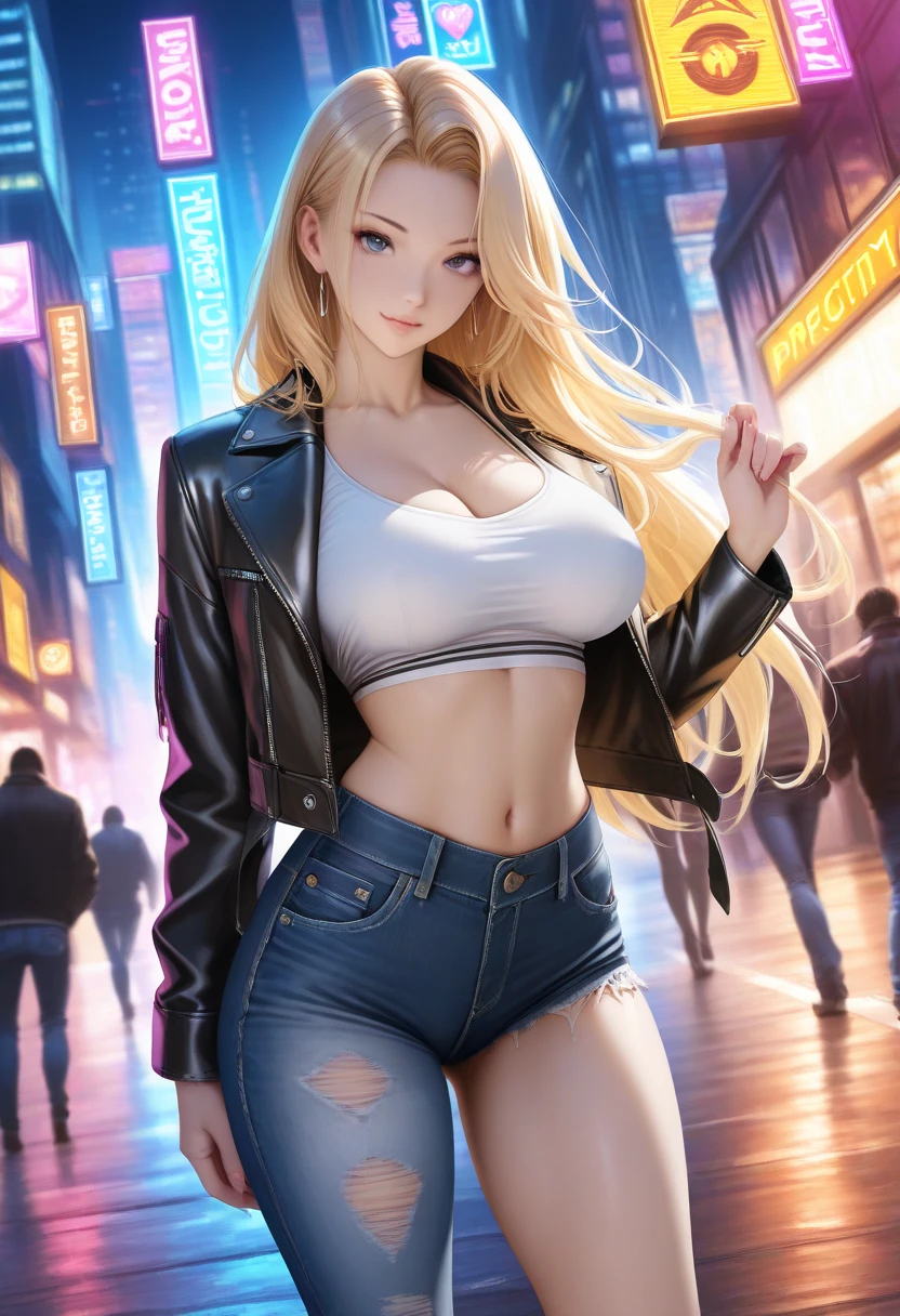 (tmasterpiece:1.4,best qualtiy),(Complicated details),Unity 8k壁纸,ultra - detailed,Beautiful and beautiful,Perfect litthing,(1girll),(Golden hair,黑The eye,Large breasts),dynamicposes,dynamic angle,lipsticks,Large breasts,detailedbackground,realisticlying,独奏,Perfect detailed face,Detailed eyes,highly detailed,Blushlush,hair adornments,ssmile,(Denim vests do not wear underwear,Expose your chest,exposing your navel:1.5),exposing your navel,(Super short skirt:1.5),Big breasts Thin waist,big assa,There are mountains and water in the background,(Very long hair,hair blown by wind:1.5),(Long wavy, curly,Long wavy),womanly,Dynamic angles and poses,Dutch angle