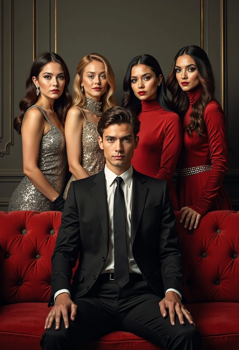 group of 3 men in tuxedos, each of them wears a different colour and 2 women in elegant dress (one of them wears a red dress and gloves) posing for a picture, one man is sitting on an elegant armchair, promotional picture, high-end fashion, cover photo, handsome appealing faces (italian/glamour type), harmonious figures, young, elegant studio background with baroque accents, masterpiece, extremely detailed, photorealistic, soft light
