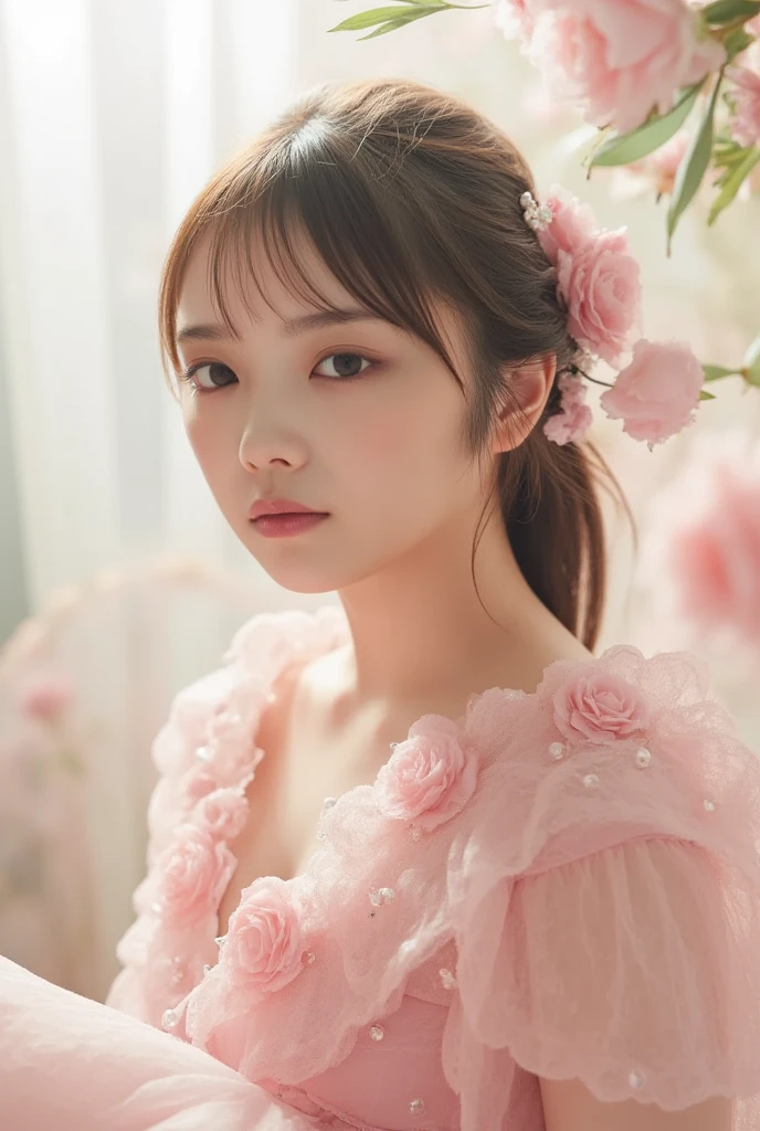 Extremely detailed CG Unity 8k wallpaper, best lighting, super detail, best quality, high resolution, ethnic style girl, soft light, beautiful hair, pink and white hanfu costume, open space, white silk, bright colors, smile, peony flowers as background