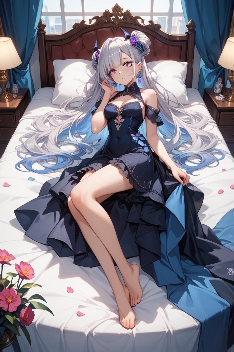 A girl with long blue hair, wearing a royal dress, on her head is a royal palace, surrounded by falling hydrangea petals, magical and shimmering colors, magical and sparkling effects, all remote scene