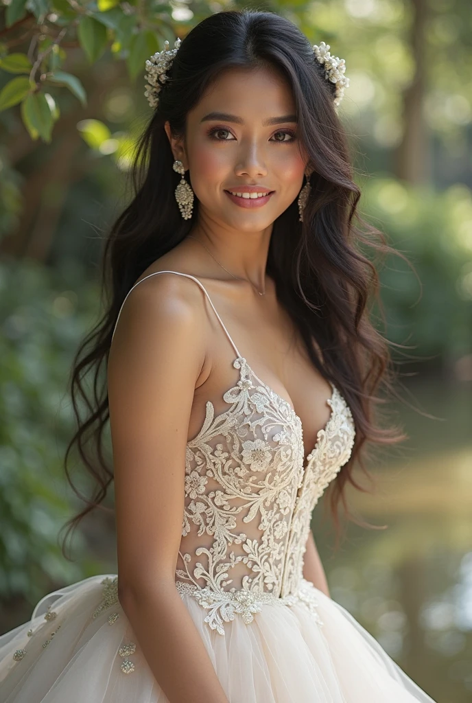 photograph full body, beautiful bride, Thai woman 30 years old, brown Curly hair, Elegant silk fabric shiny and sparkling. Lace Headscarf , Stand facing forward. flower background.
