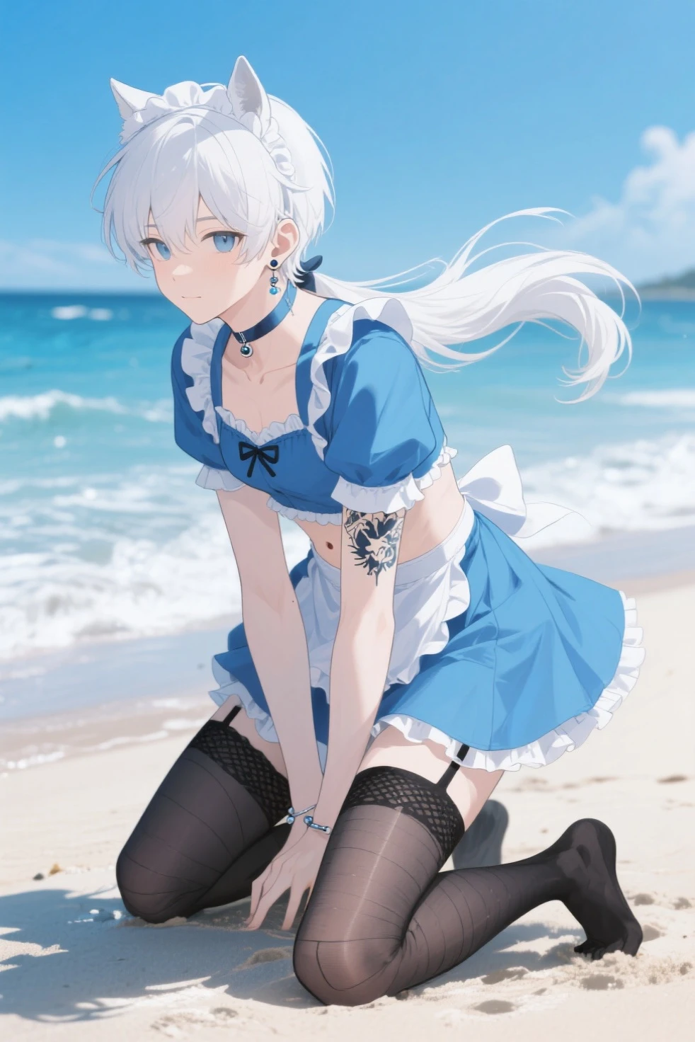 (Tabletop, Highest quality, High resolution, , Pixel Perfect, 4K,), 1 Girl, single, alone, Beautiful woman、I could see the whole body、 ((Wavy mid-length hair, bangs, Black Hair)), ((blue eyes, Beautiful eyelashes, Realistic eyes)), ((Detailed face, blush:1.2)), ((Smooth texture:0.75, Realistic texture:0.65, Realistic:1.1, Anime CG Style)), Soft Breasts, Dynamic Angle, Perfect body, ((, female teacher, , Earrings、necklace、White thin camisole、Dark blue flared skirt、Black knee-high stockings、Spread your legs wide、、A shy smile、Big Breasts)), Excellent、、、evening、Sit at a desk、Massage your breasts with both hands、close your chest with both hands、Her large breasts are exposed、She spread her legs wide、Revealing her light blue lace panties.)、Angle from below)、(masterpiece:1.3), (8K、Realistic, RAW Photos, Highest quality:1.4), (1 Girl), (alone), (A beautiful 15-year-old silver-haired Scandinavian girl), (とても美しくCharmな女性, Beautiful blonde hair、強いblue eyes, Strong eye highlights), (cute, a bit:1.5), (Very beautiful face:1.5), (A beautiful face with perfect symmetry:1.2), (cute face:1.5), (nice smile:1.2), (Perfect Anatomy), (Skin with attention to detail: 1.2), (自然な美しい大きなSoft Breasts), (Exposed large cleavage)(Beautiful thighs), (優しいblue eyes), (Very sexy look),(Beautiful blonde bob cut), クロスしたbangs, 非対称のbangs, Lip gloss, (Accurate Arm, Five Fingers, Accurate legs), (White silky underwear with attention to detail, mini skirt:1.2), (The dress has white lace., Decorated with silver embroidery), (Silver embellished headband, necklace), (Stylish high heels), Charm, 超High resolution, Ultra-realistic, Very detailed, Golden Ratio, Photorealistic, View the viewer, Summer beach resort, Beautiful sea and flower background, ((Beautiful smile))