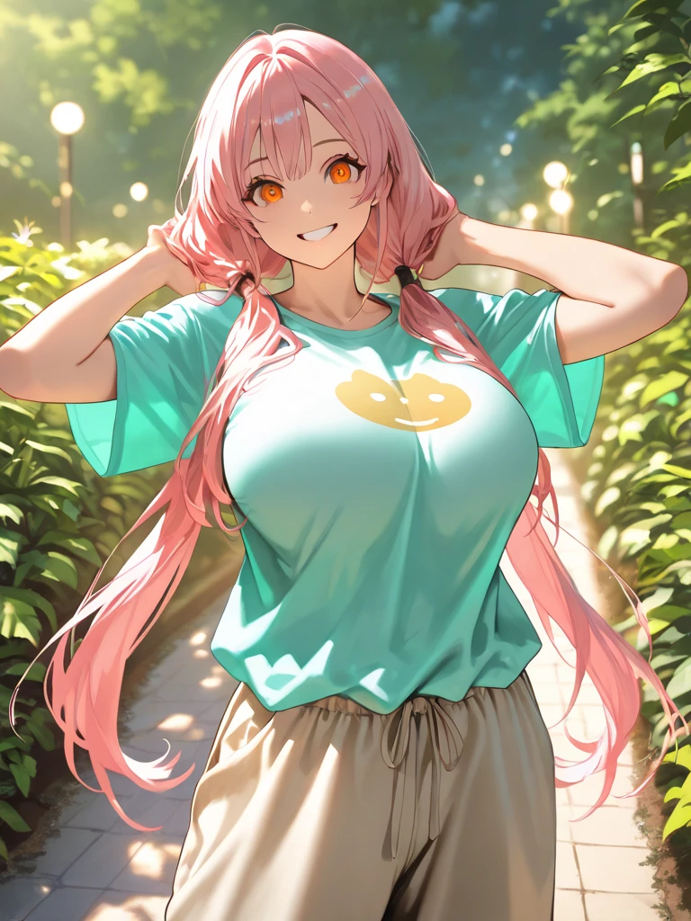 One Girl、Lori、Big Breasts、LoriBig Breasts、Pink Hair、Long Hair、Straight Hair、Ahoge、kind、Green Eyes、smile、Droopy eyes